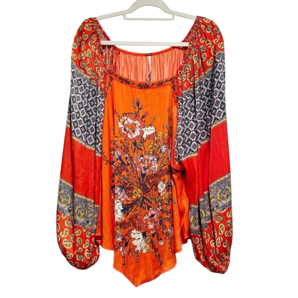 Free People Positano Boho Printed Floral Balloon Sleeve Blouse Top Size Small - Picture 2 of 14